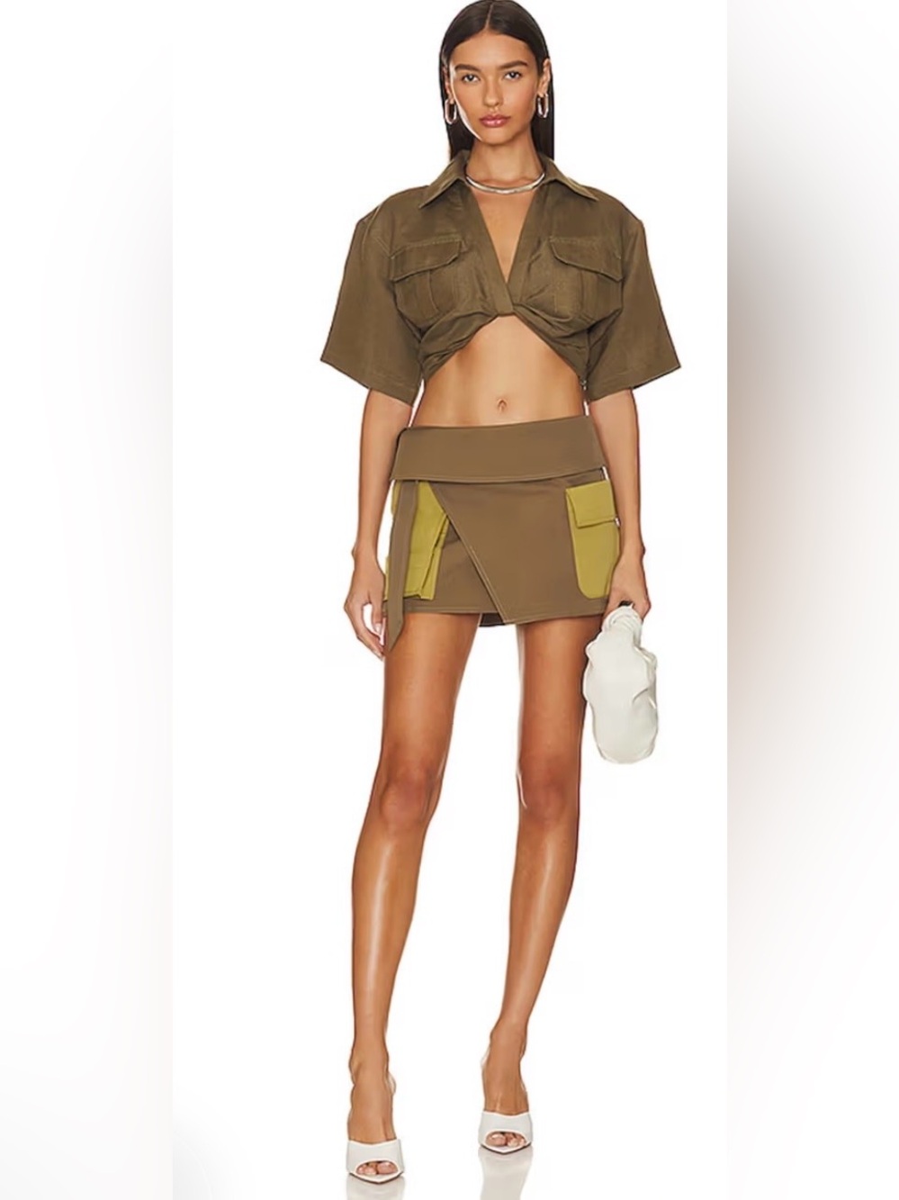 L’Academie Nishma Cargo Wrap Mini Skirt Olive Green Mix Medium - Picture 5 of 14